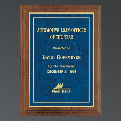 Genuine American Walnut Step-Edge Plaque with Sapphire Blue Marble Background, Medium (8"x10-1/2")