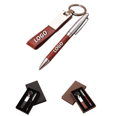 Leather Keychain & Ballpoint Pen Set