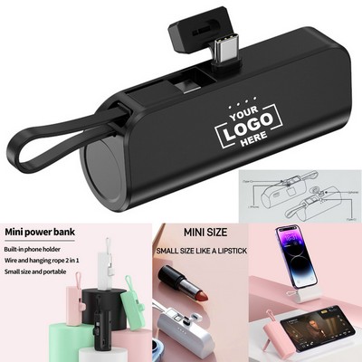 Mini Lipstick-Sized Portable Capsule 5000mAh Power Bank W/ Built-in Cable & Phone Stand