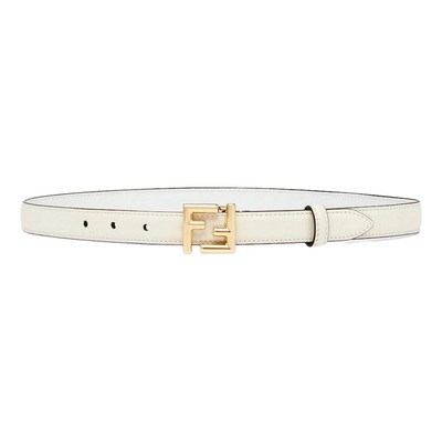 Fendi FF Logo Gold Tone Buckle White Leather Skinny Belt 90