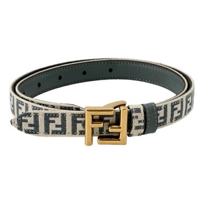 Fendi FF Denim Blue and White Canvas Leather Reversible Skinny Belt Gold Tone Buckle 95