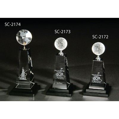Globe Tower Crystal Award w/ Black Glass Base (4"x4"x8") - Small