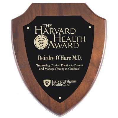 Walnut Shield Plaque with Black Brass Plate, 7 x 9"