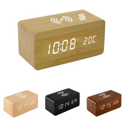 Wooden Digital Alarm Clock w/Wireless Charging