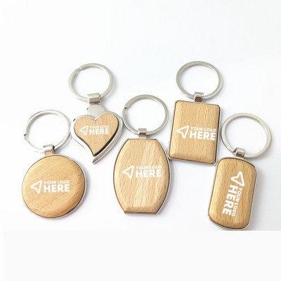 Natural Beech Wood Metal Pendant Key Ring Accessory