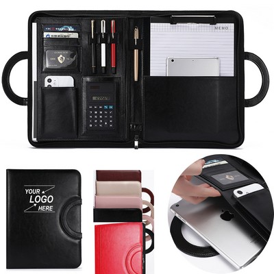 Leather Portfolio Organizer with Handle and Clipboard