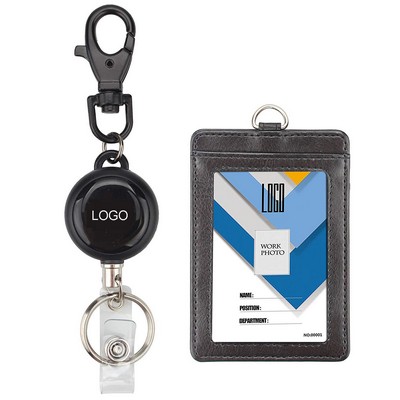 Retractable Stretch PU Leather ID Card Badge Holder