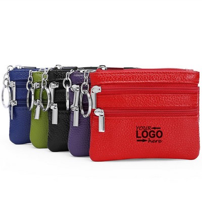 Genuine Leather Coin Purse with Zipper Keychain