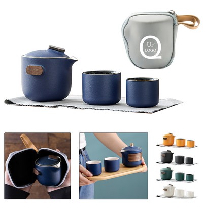 Ceramic Travel Tea Set W/ Wooden Handle And 2 Cups