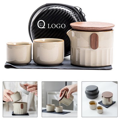 Ceramic Travel Tea Set W/ Wooden Cover Lid