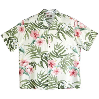 Soft & Supple Silky Rayon BeigeTropical Print Hawaiian Shirt w/ Genuine Coconut Buttons