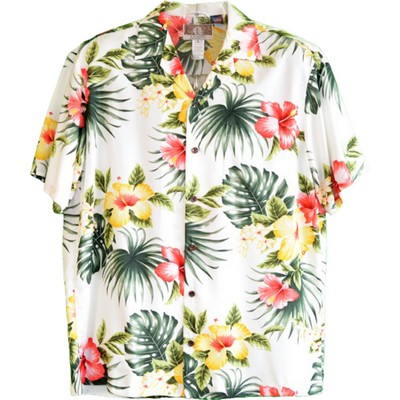 Soft & Supple Silky Rayon Cream Tropical Print Hawaiian Shirt w/Genuine Coconut Buttons