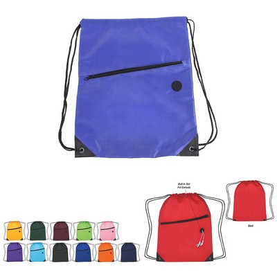 Drawstring Backpack With Zipper Pocket & Earphone Hole