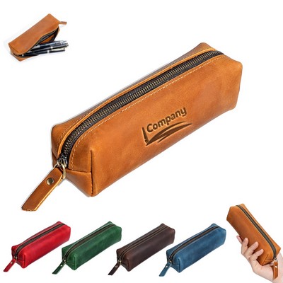 Unisex Genuine Leather Pencil Case Crazy Horse Pen Pouch