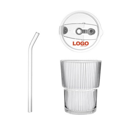 Vertical-striped Glass Tumbler with Lid and Straw