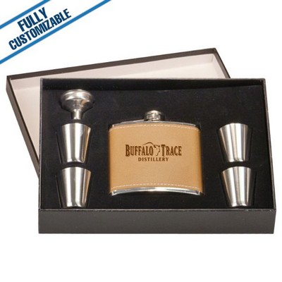 6 Oz. Brown Textured Leatherette Flask Set w/4 Shots & Black Gift Box