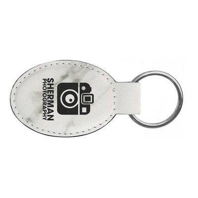 3" x 1 3/4" White Marble Leatherette Oval Keychain