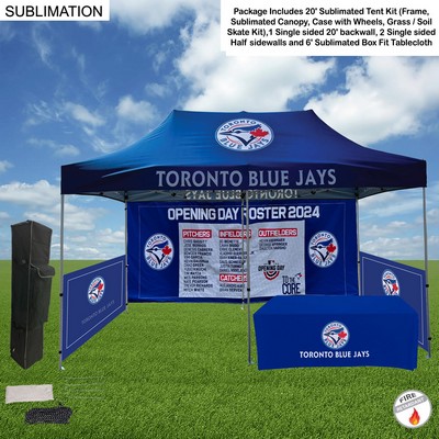 Supreme Event Package, 20' Sublimated Tent, 20' Backwall, 2 Half Sidewalls, 6' Box Fit Tablecloth