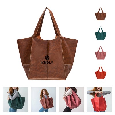 Large Vintage Shoulder Handbag Waxed PU Tote Bag