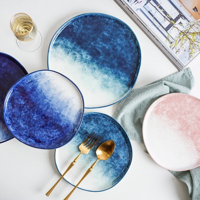 Hand-Painted Gradient Dessert Plate Underglaze Color Ceramic Steak Dish Irregular Organic-Shaped
