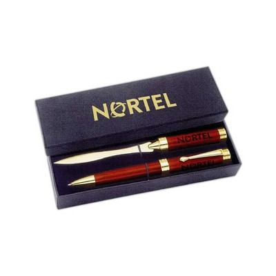 Rosewood Letter Opener / Ballpoint Pen Set With Black Box