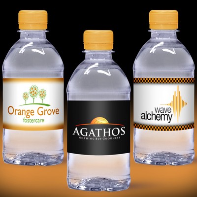 12 Oz. Custom Label Water w/Tangerine Yellow Flat Cap - Clear Bottle