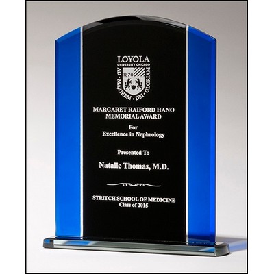 Clear Glass Award w/Blue & Black Silk Screened Upright on Black Screened Base (5.625"x 7.25")