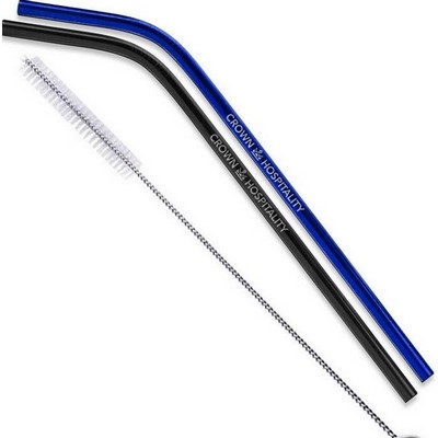 2 Piece Reusable Bent Stainless Steel Straw with Cleaning Brush