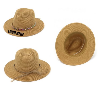 Sun Protective Beach Straw Hat w/Beads