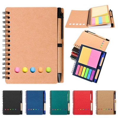A6 Kraft Paper Spiral Bound Notebook W/ Pen and Sticky Notes