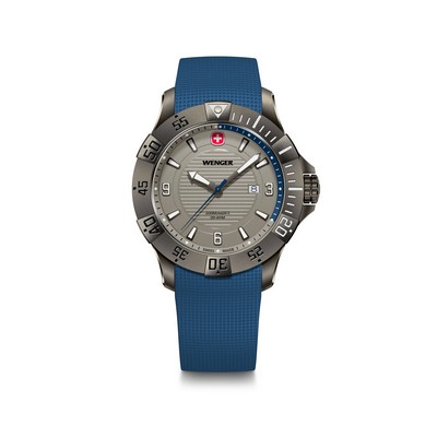 Seaforce 43mm, black ice case/bezel, taupe dial, blue silicone strap