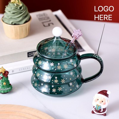 300ml Creative Christmas Tree Glass Cup with Lid & Stirrer