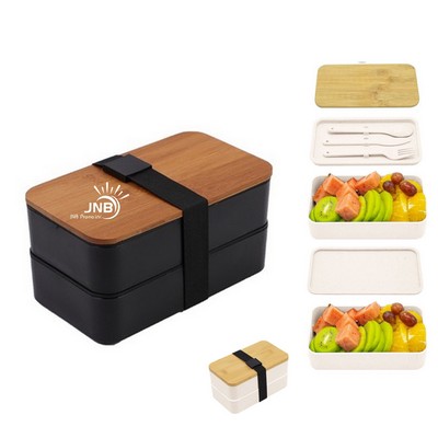 Double-Layer Lunch Box with Bamboo Lid and Utensils