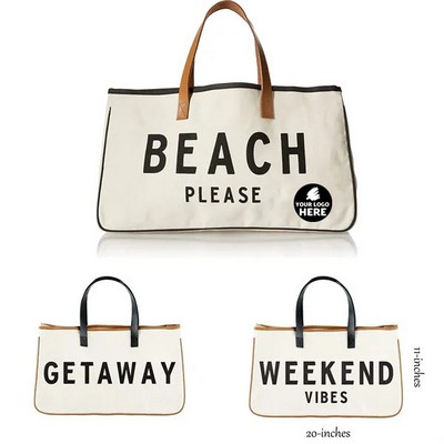 Chic Canvas Beach Tote With Leather Accents