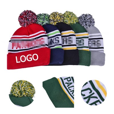 Striped Pom Pom Beanie Two Tone Acrylic Knit Cap for Cold Weather