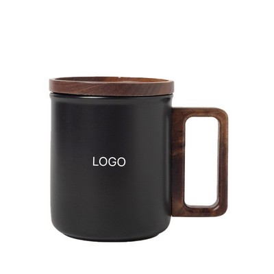 450ml Frosted Black Ceramic Tea Infuser Mug with Ergonomic Wood Handle Luxury 3-Piece Set