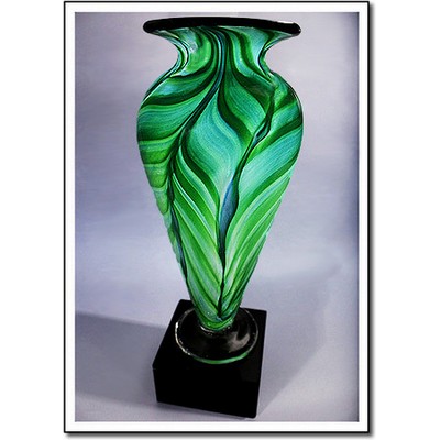 Jade Leaf Athena Art Glass Vase w/ Marble Base (4.25"x9.75")