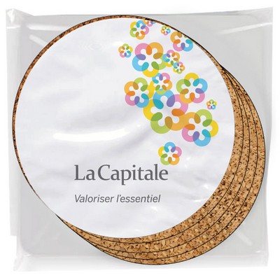 Set of 4 Premium Coasters .100 Gloss Copolyester Top & 1/16" cork base Round Full Color Imprint