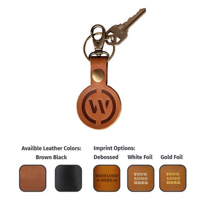 Full-Grain Leather Round Keychain with Small Clasp & Split Ring - Made in USA