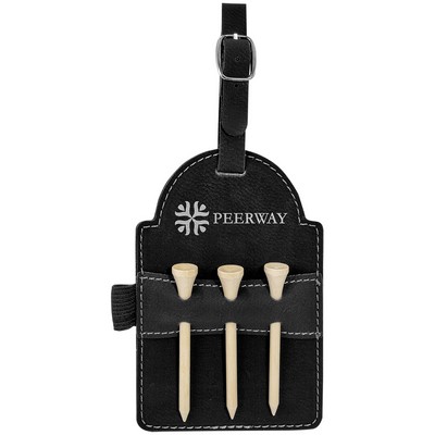 5" x 3 1/4" Black/Silver Leatherette Golf Bag Tag with 3 Wooden Tees