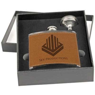 6 oz. Leatherette Flask Set in Black Presentation Box