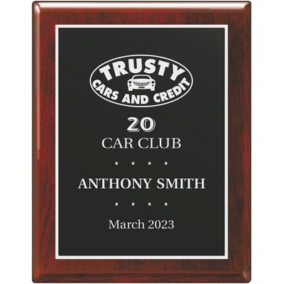 ROSEWOOD PIANO FINISH WOOD PLAQUE WITH BLACK & SILVER PLATE 9 x 12