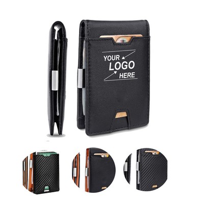 Slim RFID Blocking Leather Wallet for Men with Elastic Cash Strap and Aluminum Money Clip