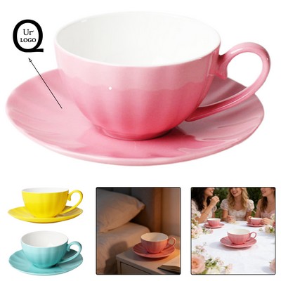 8.5 Oz Ceramic Ribbed Pumpkin Cup And Saucer Sets