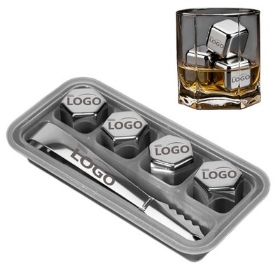 4 Pcs Stainless Steel Ice Cubes With Ice Tong Set