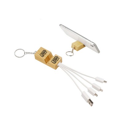 Bamboo Phone Stand Charging Cable Multi Connector Keychain