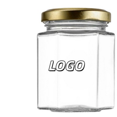Hexagonal Glass Jar W/ Gold Lid