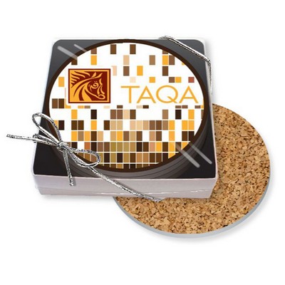 Gift Boxed Set of 4 Premium Round Coasters .010 Frosted Plastic Top & 1/16" cork