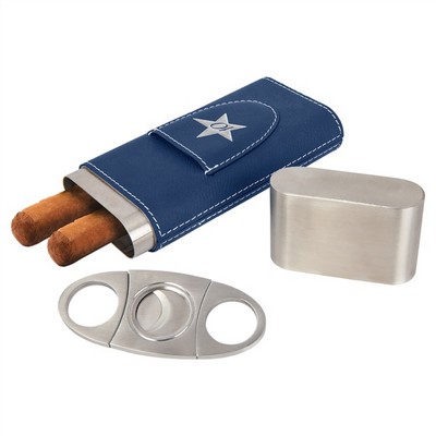 Blue/Silver Leatherette Cigar Case with Cutter