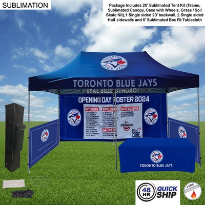 48 Hr Quick Ship - Supreme Package, 20' Sublimated Tent, 20' Backwall, 2 Half Sidewalls, Tablecloth